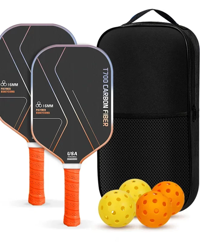 T700 Raw Carbon Fiber Pickleball Paddle Set (16mm) - USAPA Approved 2 Paddles with Grit Surface, 4 Balls & Bag