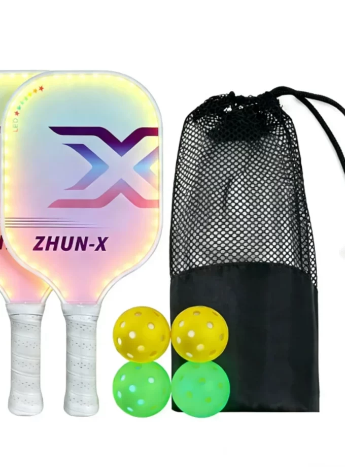 Rechargeable LED Light-Up Pickleball Paddle Set | Night Glow Fiberglass Paddles & 4 Balls with Bag