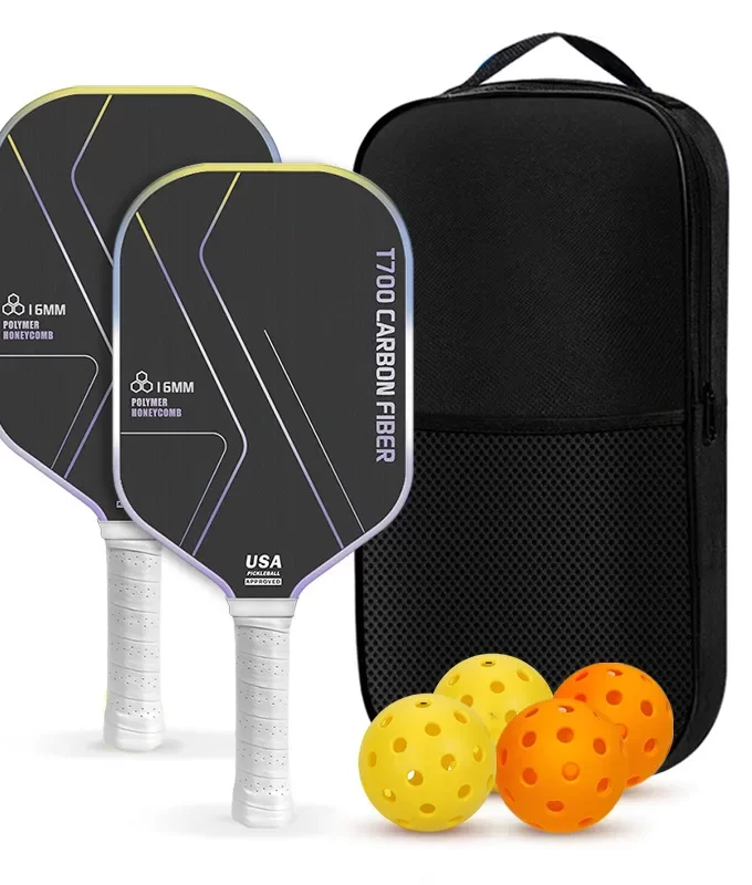 T700 Raw Carbon Fiber Pickleball Paddle Set (16mm) - USAPA Approved 2 Paddles with Grit Surface, 4 Balls & Bag